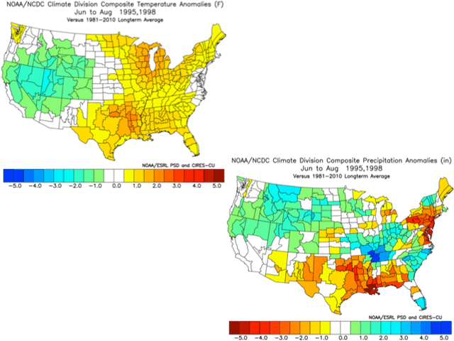 Analog years when a strong El Nino was in decaying mode show a notably warmer trend for the Midwest. Precipitation is quite variable. (NOAA graphic by Nick Scalise)
