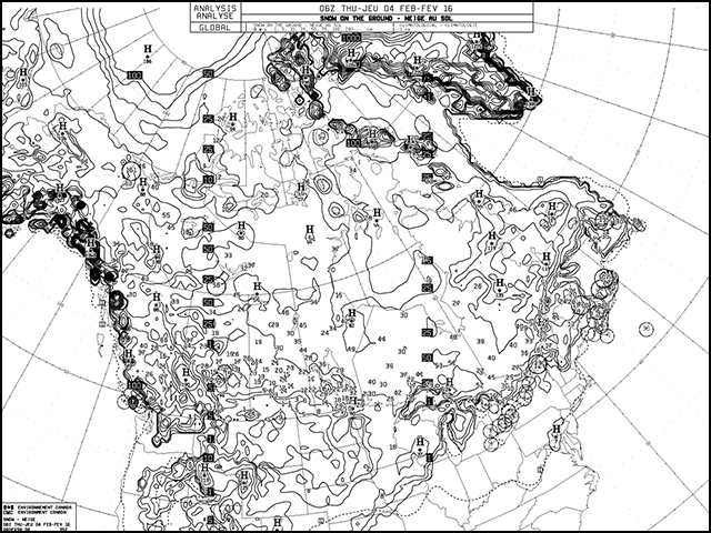 The accompanying snow depth chart from Environment Canada illustrates today&#039;s snow depth measurements. (Chart courtesy of Environment Canada)