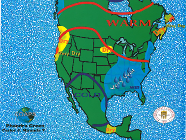 Spring El Nino conditions suggest a wet and delayed field-work season this spring in the eastern Midwest and Delta. (Florida State graphic by Nick Scalise) 