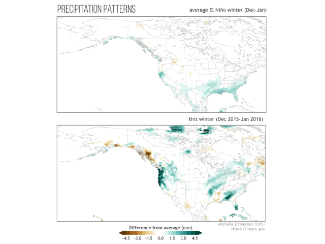 This comparison of "typical" El Nino precipitation versus the 2015-16 event shows how El Nino moisture has deviated from the usual expectations. (NOAA graphic by Nick Scalise)