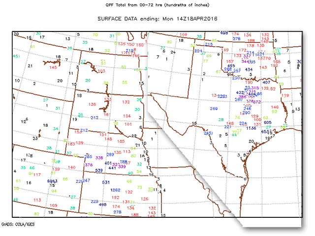 Rain totals from 7 a.m. CDT April 14 to 5 a.m. April 18 show beneficial rains for the Central and Southern Plains, especially the HRW Wheat Belt. (DTN graphic)