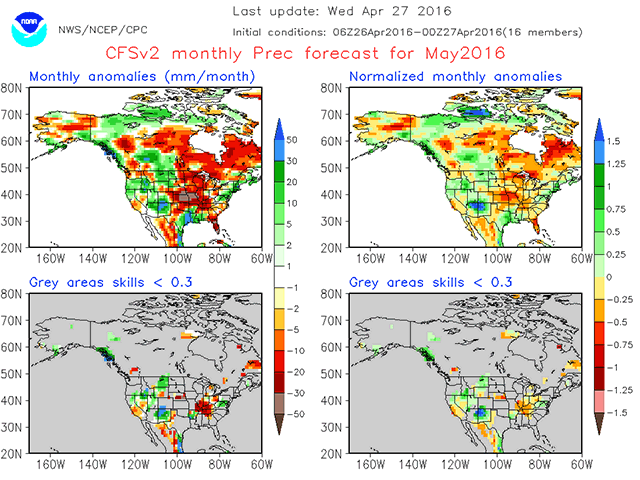 The May precipitation forecast produced by the U.S. National Centers for Environmental Prediction shows promising forecast for most of Western Canada&#039;s crop areas that will be planting during the next few weeks, as long as it does not rain on too many days. (Graphics courtesy of U.S. National Centers for Environmental Prediction)