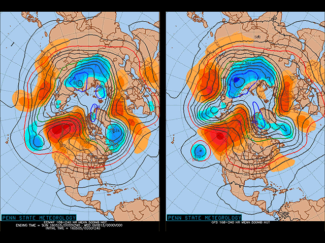 Both U.S. and Euro forecast models feature stationary high pressure in the upper atmosphere over Western Canada, which maintains the very dry pattern that has supported the Fort McMurray, Alberta wildfires. (Penn State graphic) 