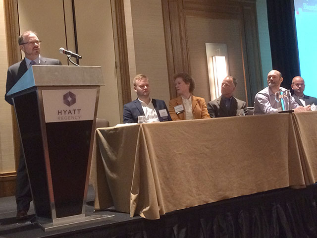 A new product panel discussed newly-developed ethanol processing aids at the Distillers Grains Technology Council&#039;s annual DDG symposium May 18 in St. Louis. Pictured, from left: Allen Ziegler, of Hydrite; Dr. Mads Pedersen, of Novozymes; Jennifer Bailey, of Solenis, Mike Locascio, of Renewable Fuels Consulting; Eric Sumner, of Anitox; and Cam Fowler, of Phibro Ethanol Performance. (DTN photo by Cheryl Anderson)