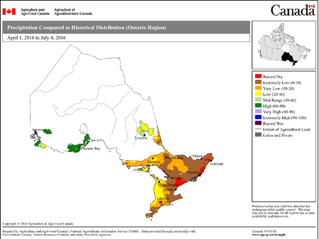 Between April 1 and July 4, the crop production areas of Ontario have received well-below normal rainfall, with the red areas of this chart indicating record dryness. The bright yellow area are viewed as low and have received an accumulation in the 20th to 40th percentile of historical accumulations. (DTN graphic by Scott R Kemper)