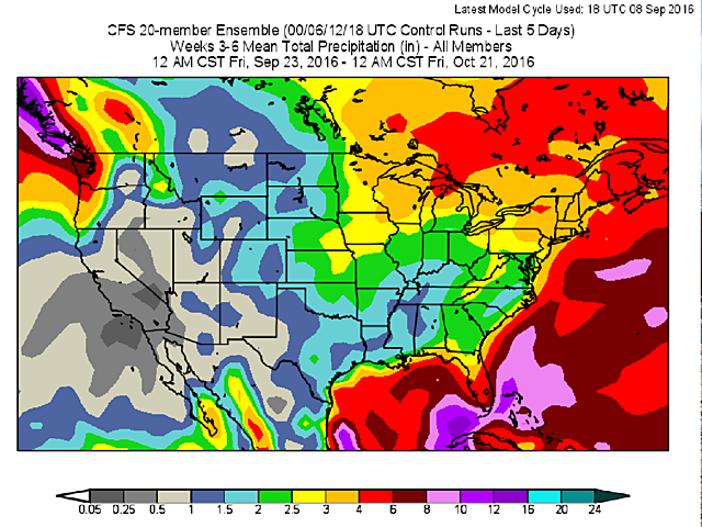 Rainfall totals, on average, are forecast to be notably lighter during the late-September to mid-October time frame. (NOAA graphic by Scott R Kemper)