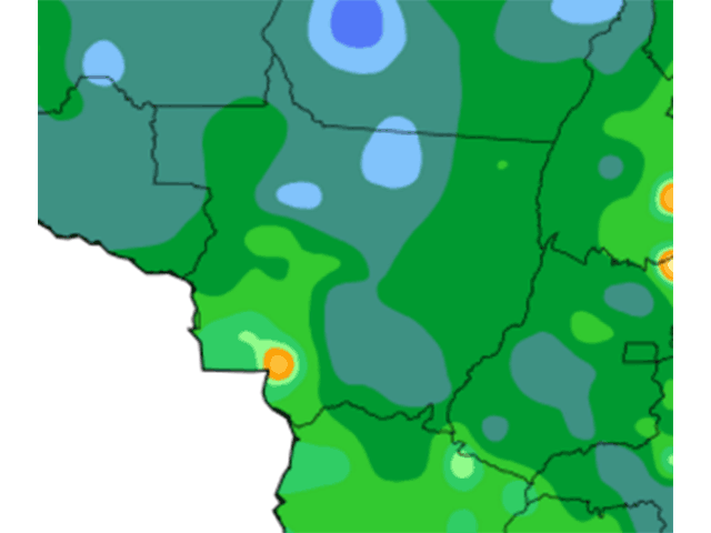 Rainfall in Mato Grosso, Brazil, the past 30 days has generally totaled from 4-8 inches. (INMET graphic by Nick Scalise))