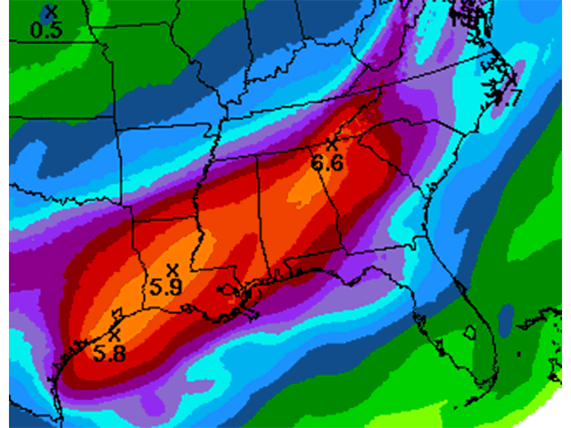 Heavy rain indicated for the Delta and southeastern U.S. over the next week will offer some easing of extreme to exceptional drought. (NOAA graphic)