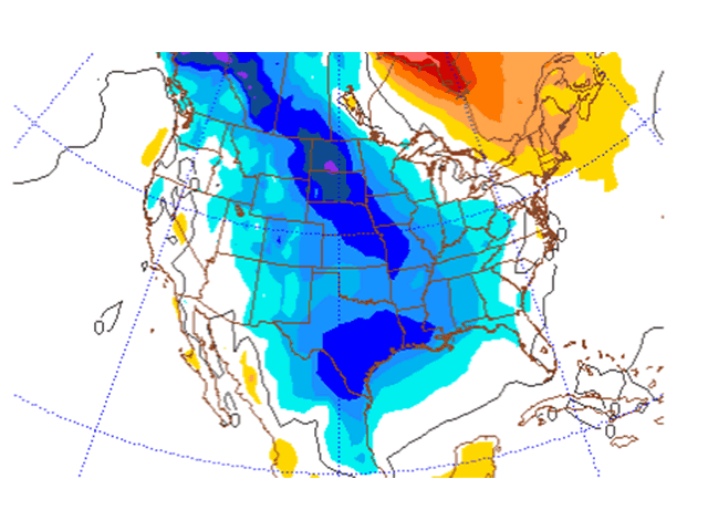 The U.S. forecast model indicates temperatures of around 20 degrees Fahrenheit below normal on Dec. 7. (Penn State graphic by Nick Scalise)