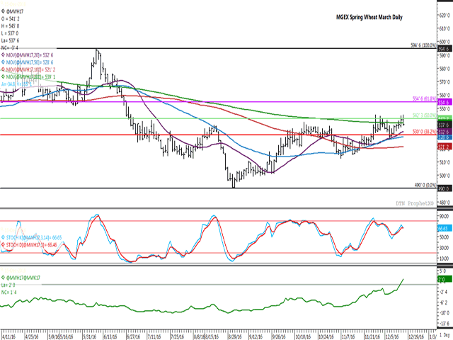 MGEX hard red spring wheat futures have tested resistance in each of the past two sessions, with the sideways-trending 200-day moving average at $5.39, retracement resistance at $5.42 1/4/bu. and the November high of $5.45/bu. acting as hurdles to a continued move higher. Short-term momentum indicators (second study) are signaling the potential to roll-over, while the March/May spread (lower study) inverted on Wednesday with the inverse strengthening to 3 3/4 cents on Thursday. (DTN graphic by Nick Scalise)
