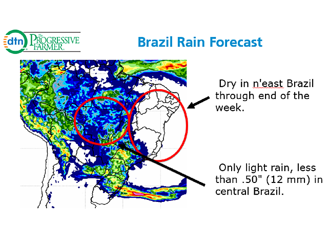 Almost no rain is forecast for northeastern Brazil through the New Year&#039;s weekend, and only light amounts are indicated for top soybean state Mato Grosso. (Brazil Meteorological Institute graphic)