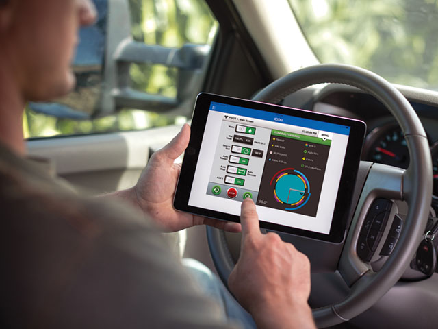 The ICON10 control panel features a touchscreen interface for ease of use. Users can take control of some ICON models without leaving their pickups. (Photo courtesy of Valley Irrigation)
