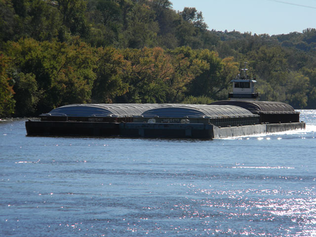 A tow pushes barges on the Mississippi River in mid-October 2016, heading to the Gulf through the St. Paul Minnesota District. (DTN photo by Mary Kennedy)