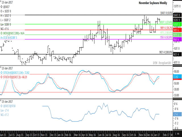 While old-crop soybeans reached more than a six-month high last week, new-crop trade is showing signs of waning, with this week&#039;s November trade consolidating within last week&#039;s trading range after falling short of a test of November highs. Breach of a number of weekly lows above $9.73 could spell trouble for this market. (DTN graphic by Nick Scalise)