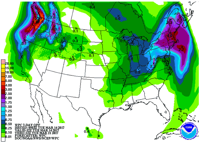 The seven-day rain forecast indicates a dry trend continues for the southwest and Plains, especially for the hard red winter wheat area. (Photo courtesy of NOAA/National Weather Service)