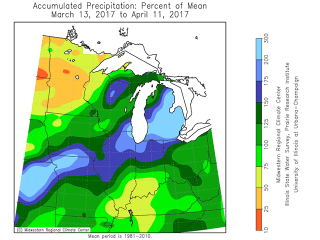 Much of the Midwest has had from one and one-half to three times the normal rainfall amount over the past 30 days. The rain has limited spring field work progress. (Midwest Climate Center graphic by Nick Scalise)