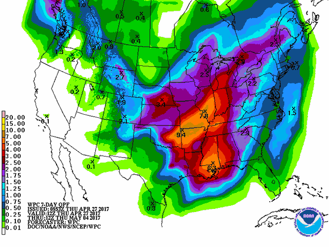 Limited amounts of precipitation are expected for the Prairies, compared to some U.S. regions that will receive very heavy rains. (Graphic courtesy of NOAA/National Weather Service)