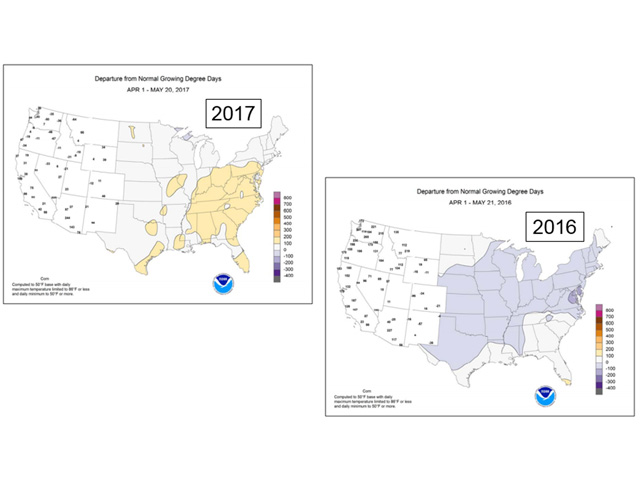 Western Midwest and Plains GDD totals are around 100 less than average. A year ago the entire central U.S. was 200 GDDs below average. (NOAA graphic by Scott Kemper) 