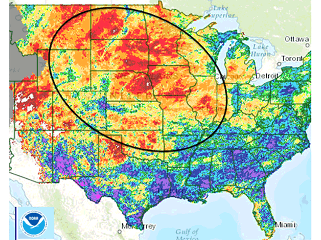 Wet to dry -- the past two weeks have seen from 80 to 90% below-normal precipitation over most of the Midwest along with the Northern and Central Plains (NOAA graphic by Nick Scalise).