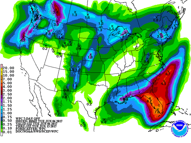 Forecast rainfall during the seven-day period through mid-June has generally only light amounts for the major U.S. crop areas, including the Midwest and the Northern Plains. (NOAA graphic by Scott R Kemper)