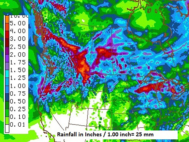 Rainfall totals over the next week of moderate to locally heavy intensity would be welcome in the eastern half of the Canadian Prairies. (NOAA graphic by Scott R Kemper) 