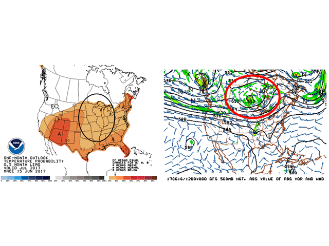 Persistent upper-atmosphere troughing over central Canada could lead to both cooler temperatures in the northern U.S. and enhance Midwest rainfall. (NOAA graphic by Nick Scalise)