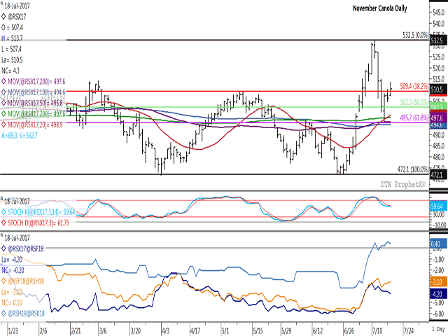 After reaching a level of solid support on Friday at $495.20/mt, November canola has rallied $15.30/mt to today&#039;s close. Trade remains well within last week&#039;s trading range as buyers and sellers search for direction. The lower study highlights this uncertainty, with the nearby Nov/Jan spread (dark blue line) weakening or increasing carry, while the Jan/March spread is narrowing (reducing carry) and the Mar/May is inverted. (DTN graphic by Nick Scalise)