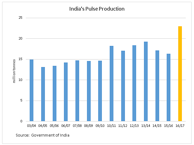 The Indian government&#039;s 4th Advance Estimates shows an increase in estimated 2016/17 total pulse production to a record 22.95 million tons. (DTN graphic by Anthony Greder)