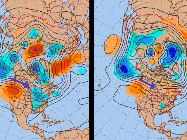The mean forecast maps covering the period Aug. 31 through Sept. 2, with the European model is on the left hand side, the U.S. model on the right, show the frost risk for the key growing areas of the Canadian Prairies remains below normal during the next week to 10 days. (Graphic courtesy of Penn State Meteorology)