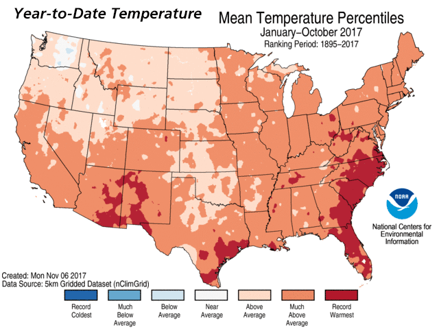 Only portions of the inland Northwest had a slightly cooler January-to-October 2017 stretch than average. (NOAA graphic by Nick Scalise)