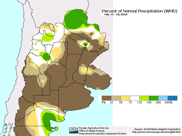 Mid-month February is the southern hemisphere equivalent of August -- and exhausting dryness dominated Argentina. (USDA Crop Explorer graphic)