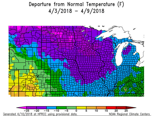 Average temperatures running 15 to 25 degrees Fahrenheit below normal during April 3-9 made fieldwork impossible over much of the National Weather Service Central Region. (High Plains Regional Climate Center graphic)