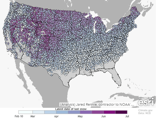 Latest dates of snowfall have a notable diagonal cut-off from southwest to northeast -- which much of the eastern Midwest spared the prospect of very late-spring snowfall. (NOAA graphic)