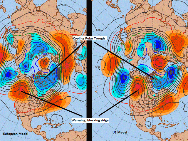 Upper-level high pressure over Alaska and upper-level low pressure in the polar regions combine to bring variable temperatures and mostly dry conditions to the Canadian Prairies 10- to 14-day forecast. (Penn State graphic)