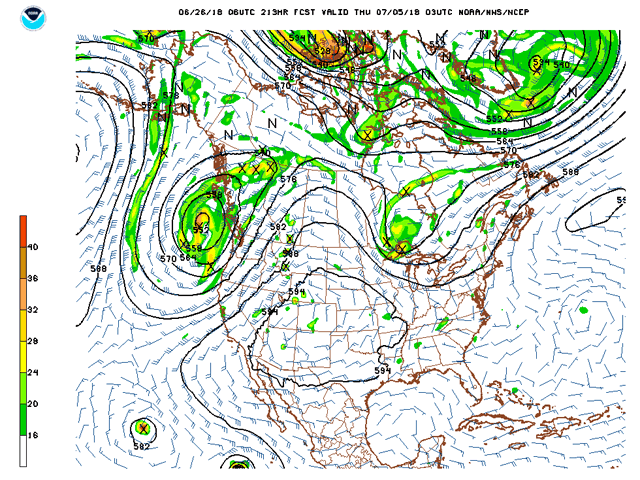 A dome of upper-atmosphere high pressure brings on hot conditions for the central U.S. for the onset of corn pollination in the next two weeks. (NOAA graphic)
