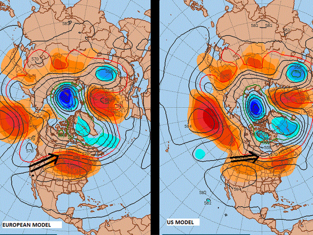 Forecast upper-air patterns have some differences in the Prairies during the next 10 days, but show consistency in predicting notably warmer conditions. (Pennsylvania State University graphic)