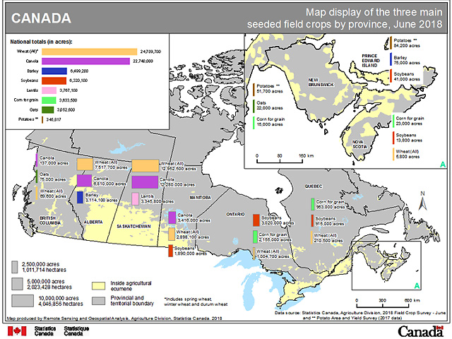 This chart produced by Statistics Canada shows the three largest crops for each province, based on the June 29 acreage estimates. Wheat and canola have a lock on the top spots across all three Prairie Provinces, while corn and soybeans cover the bulk of the area in Ontario and Quebec. (DTN graphic by Statistics Canada)