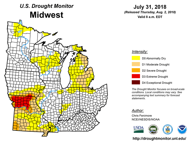Extreme drought in Missouri suggests a possible challenge to predictions of record corn yields in 2018. (NDMC graphic)