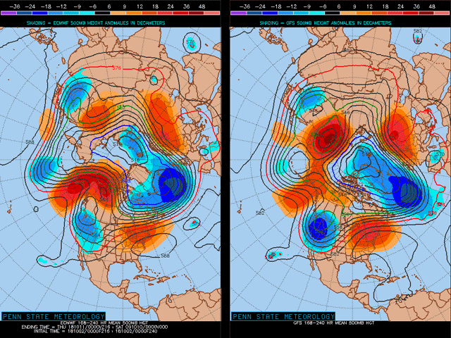 The overall weather pattern indicated by the United States and European jet stream models during the next six to 10 days will feature a trough in the western U.S. and a ridge over the eastern U.S. and western Atlantic. This will be an active rainfall pattern along the boundary zone between the trough in the west and the ridge in the east. (Penn State Meteorology graphic)