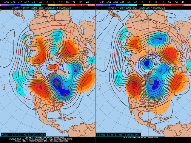 The overall weather pattern during the next six to 10 days is expected to feature a trough over the central and eastern U.S. and a ridge in the west, as shown in the European (left) and U.S. (right) jet stream models forecast through Oct. 19. (Penn State Meteorology graphics)