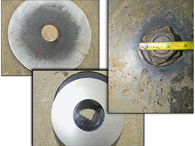 The area on the disk the center piece covers is very important. It supports the disk and keeps down the flexing motion of the disk that creates stress cracks. This is why the spools on the inside disks are so large in diameter, and the size of the outside disk holders is so important. (Progressive Farmer photos by Steve Thompson)