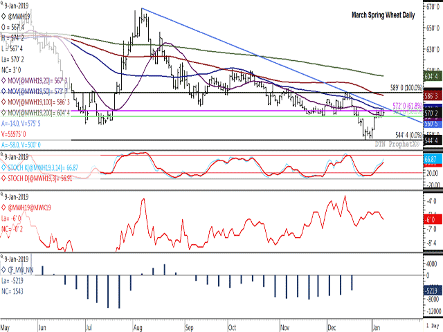 While March spring wheat closed higher on Wednesday, it has struggled with technical resistance in the $5.72 to $5.75 1/2 range as stochastic momentum indicators trend toward over-bought territory (first study). The red line in the second study shows modest strengthening in the March/May spread to minus 5 1/2 cents, although this spread has shown weakness over the first three days of this week. (DTN ProphetX chart)