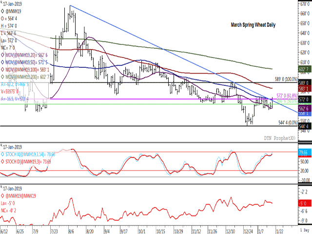 Thursday&#039;s move in the March MGEX spring wheat contract was the largest one-day move in 10 sessions, although trade still fell 1/4 cent short of testing the previous week&#039;s high. While trendline resistance was broken, drawn from the contract&#039;s August high, the move failed to sustain a move above retracement resistance at $5.72/bu. The red line on the lower study shows the March/May spread ending unchanged, a sign of a neutral response on the part of commercial traders. (DTN ProphetX chart)