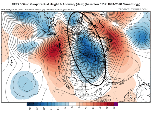 Upper-air configuration Friday, Jan. 25, 2019, is allowing cold air all the way from the North Pole to flow southward into the contiguous U.S. and bring about an intense cold wave. (Tropical Tidbits.com graphic)  