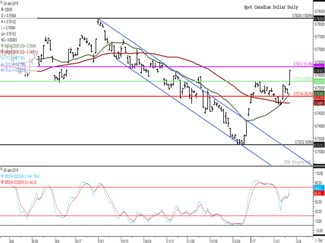 The spot Canadian dollar reached its highest level in 12 weeks this session, while breaking above the 50 percent retracement of the move from the Oct. 1 high to Dec. 31 low at $0.75728 Canadian Dollar/U.S. Dollar. This clears the way for a further move to the 61.8 percent retracement at $0.76312 CAD/USD.  The move is also supported by the 20-day moving average (green line) crossing above the slower 50-day moving average (brown line). (DTN ProphetX chart) 