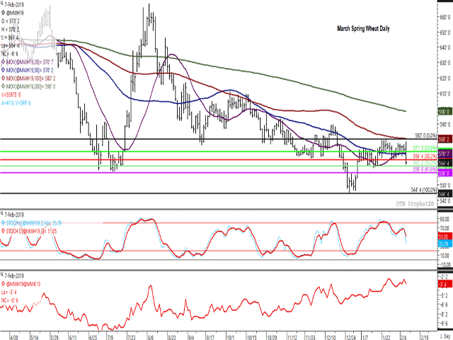 Thursday&#039;s 8 3/4-cent move lower in the March spring wheat contract saw this price reach its lowest level in almost five weeks, forming a bearish outside bar on the daily chart, while holding above the 50% retracement of the move from the December low to January high at $5.62 1/4/bu. The first study points to momentum indicators rolling over to trend lower. The lower sturdy shows weakness in the March/May spread, a sign of commercial selling. (DTN ProphetX chart)