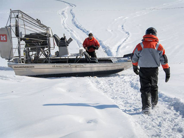 On Feb. 13, 2019, the U.S. Army Corps of Engineers began to measure ice thickness on Lake Pepin. Lake Pepin is part of Pool 4 that extends from Lock and Dam (LD) 3 near Red Wing, Minnesota, to LD 4 downstream at Alma, Wisconsin. As of Feb. 13, 18 miles of Lake Pepin were covered with 10 to 21 inches of ice. On Feb. 21, ice measurements on the lake showed the thickest ice remains at 21 inches. The next survey takes place March 6. (Photo by U.S. Army Corps of Engineers Rock Island District)