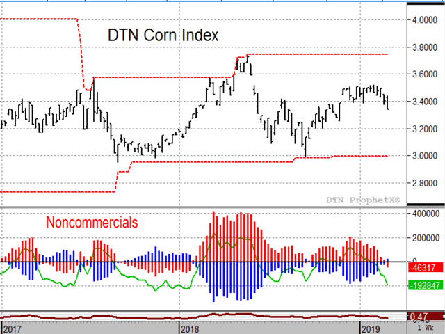 DTN&#039;s index of cash corn prices has fallen back from resistance at $3.52 and price momentum has turned bearish. However, the potential for lower prices appears limited as corn prices are fundamentally cheap and the funds (green line) are already heavily net short. (DTN ProphetX chart)