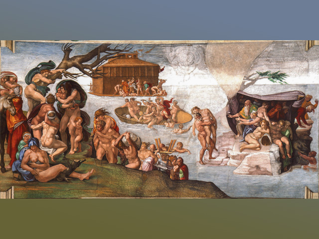Michelangelo&#039;s depiction of the biblical flood on the ceiling of the Sistine Chapel.