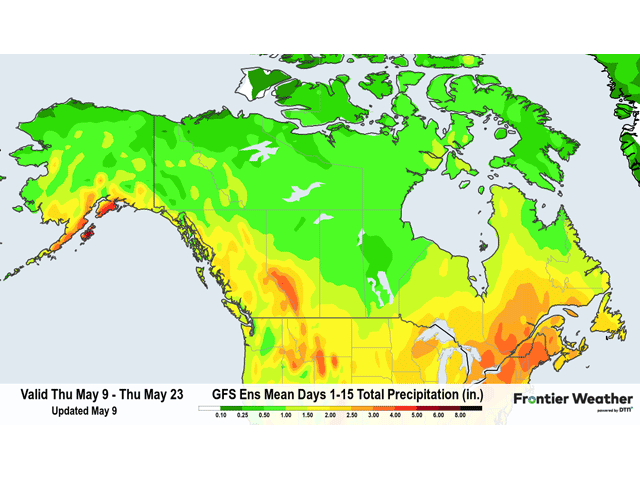 Forecast Prairies rainfall over the next two weeks offers light to moderate totals east, and moderate to heavy west. (DTN Frontier Weather graphic)